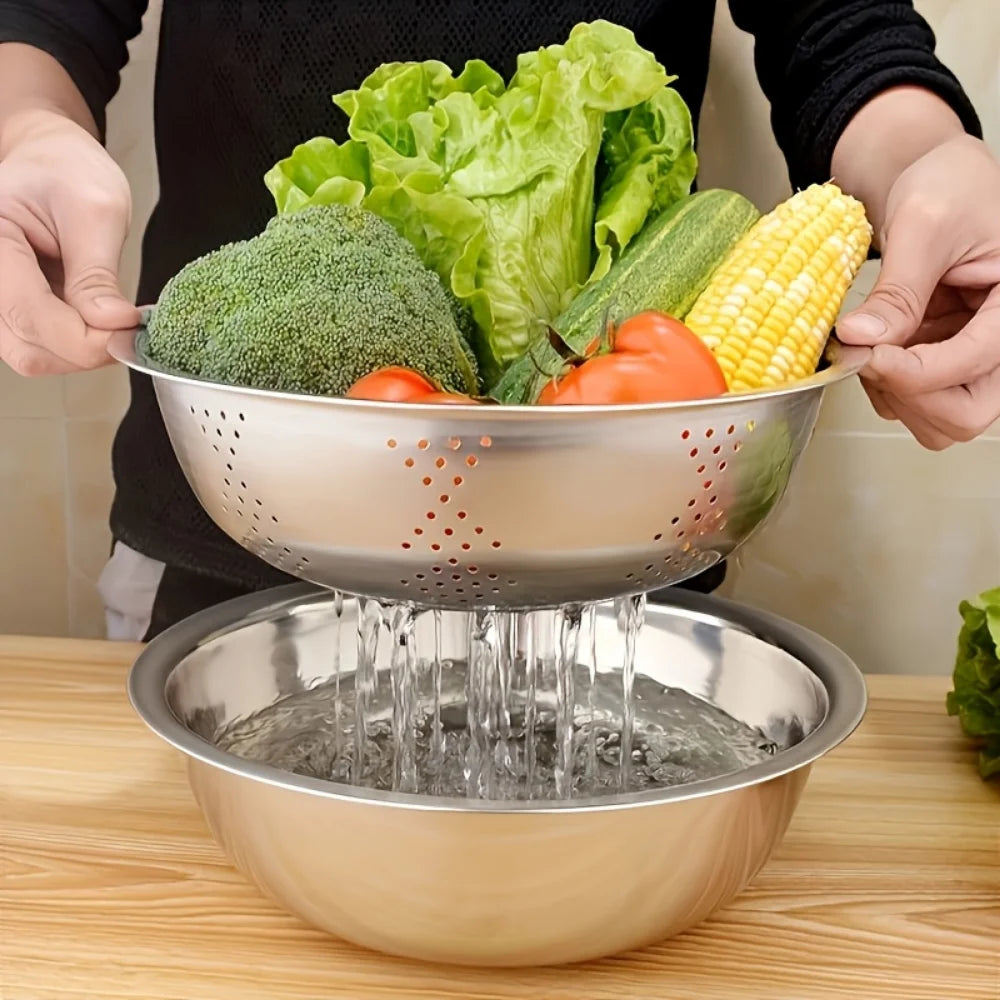 3pcs Stainless Steel Multi-Functional Kitchen Grater Set Draining Bowl with Vegetable Washing Mandoline Slicer for Potato